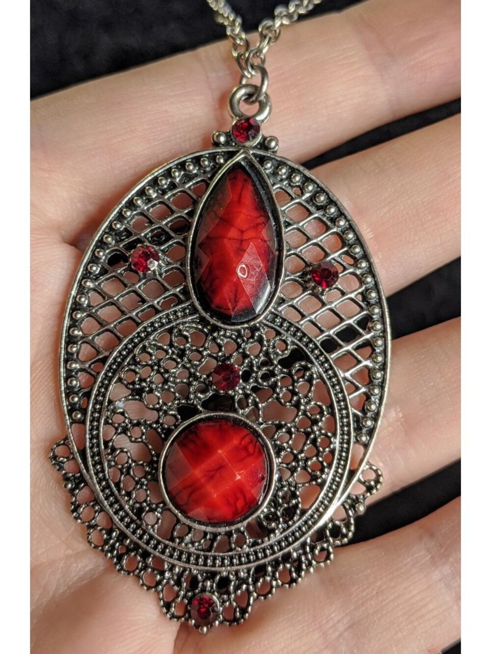 Gothic Oval Pendant Necklace With Red Faux Gemstones & Filigree Design
